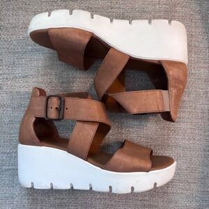 Paul Green Leather Platform Wedge Sandals Brown White Sole Size 3.5 UK / US 6